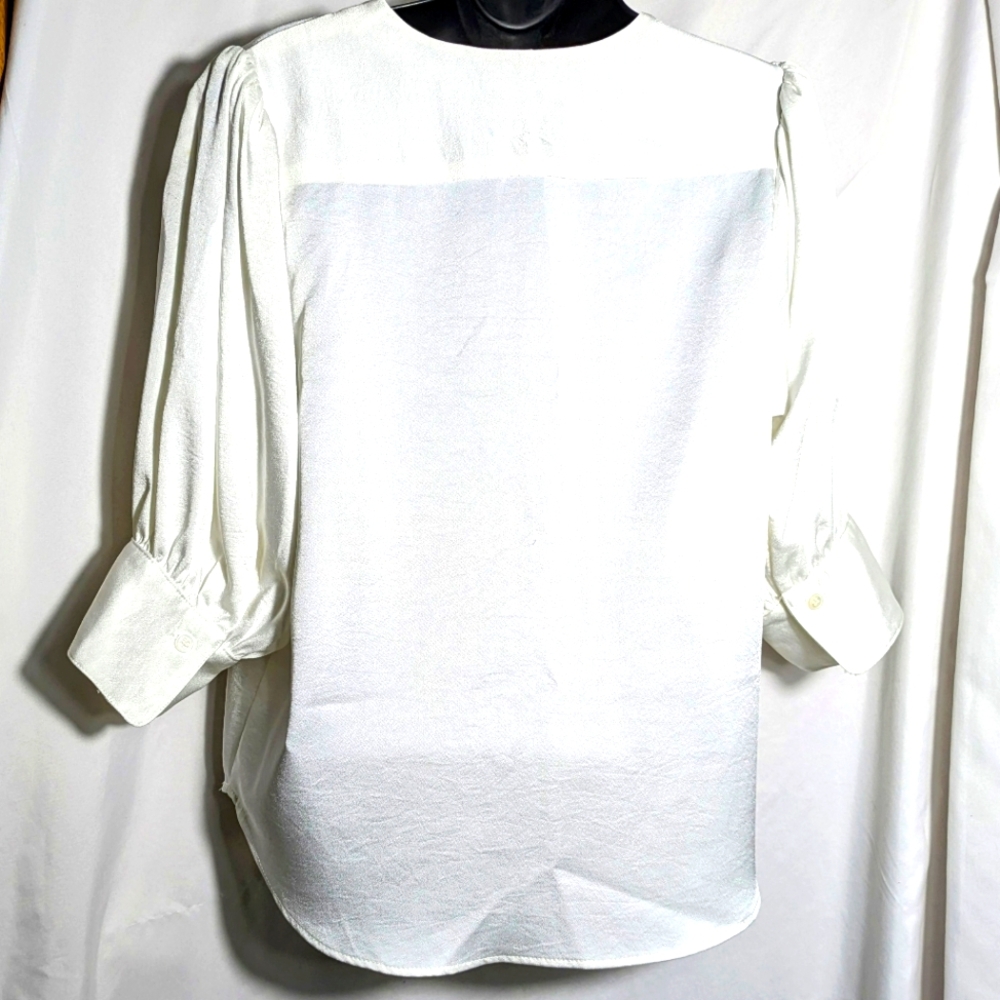 Women's Fifteen Twenty Cream Satin Blouse, V-Neck, Puff Sleeve| Size M - Picture 5 of 10